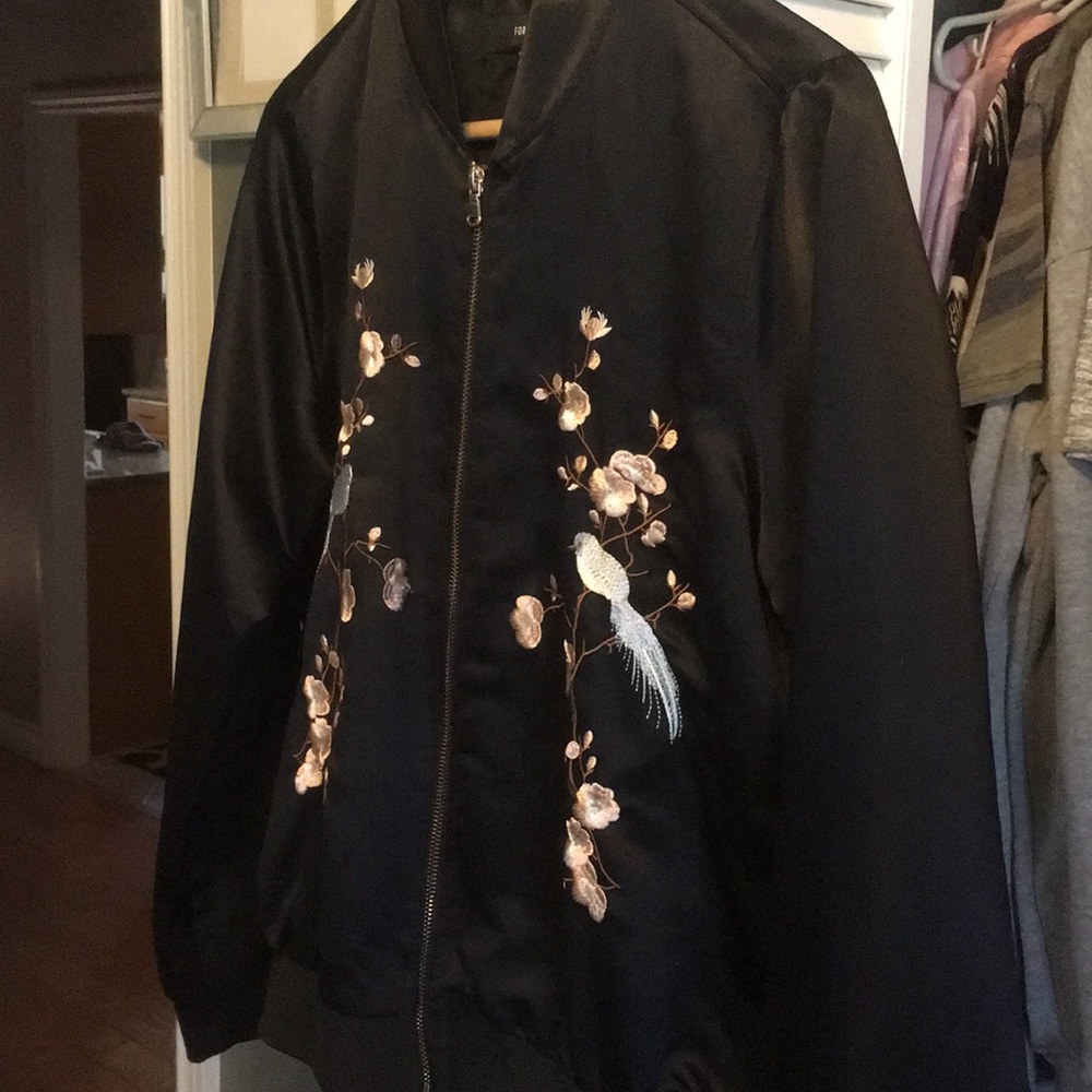 F21 black satin bomber jacket